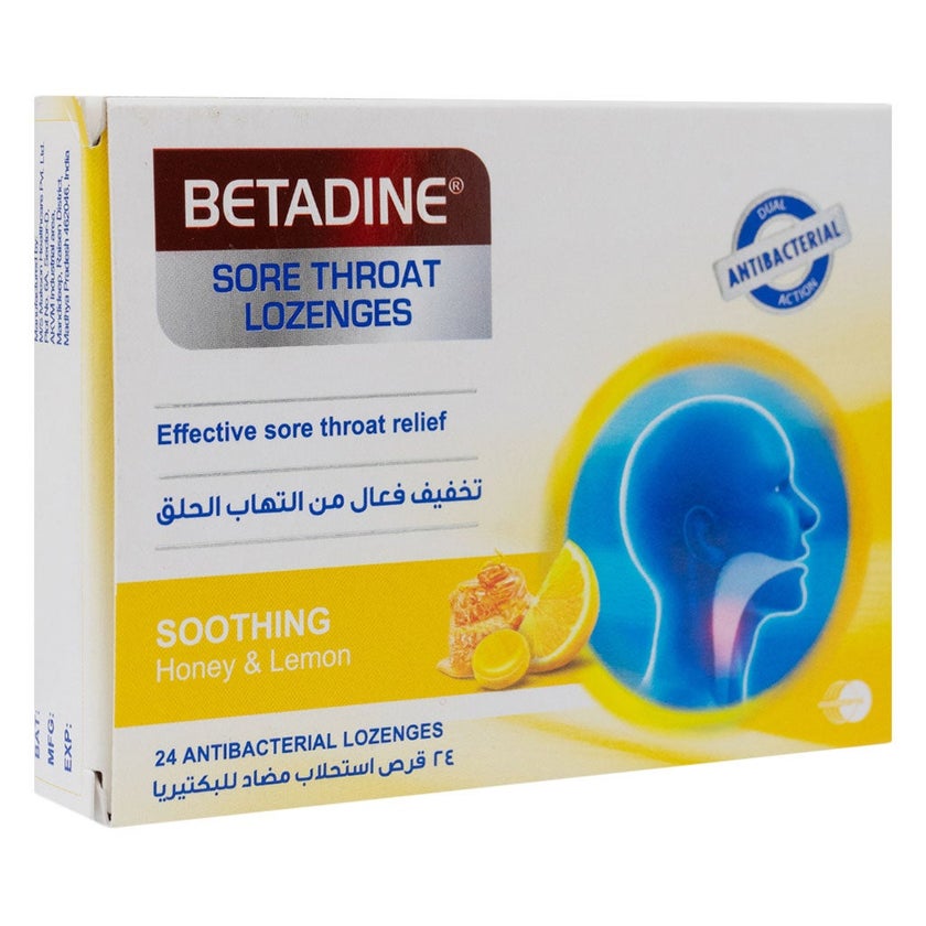 Betadine Sore Throat Antibacterial Lozenges With Soothing Honey & Lemon, Pack of 24's