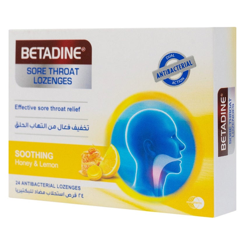 Betadine Sore Throat Antibacterial Lozenges With Soothing Honey & Lemon, Pack of 24's