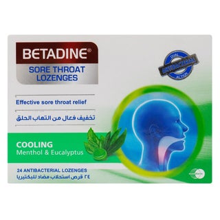 Betadine Sore Throat Antibacterial Lozenges With Cooling Menthol & Eucalyptus, Pack of 24's
