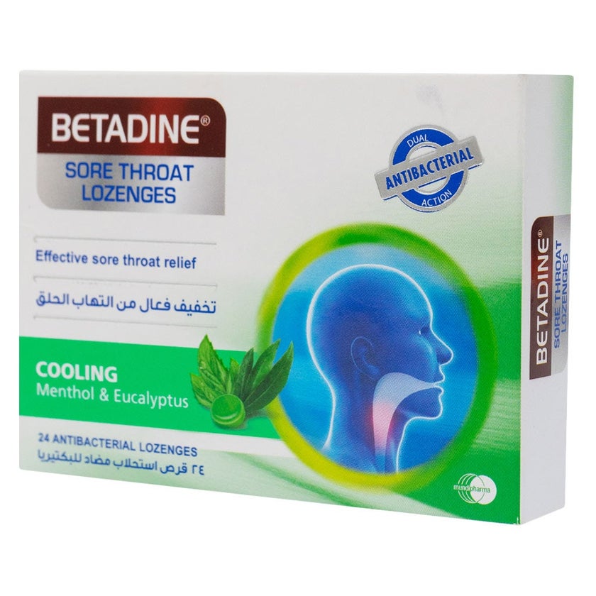 Betadine Sore Throat Antibacterial Lozenges With Cooling Menthol & Eucalyptus, Pack of 24's