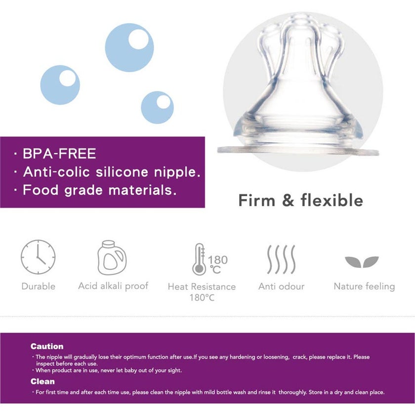 Farlin Anti-Colic Silicone Silky Nipple For Wide Neck Bottle For 0 Months+ Baby, Small AC - 22004 (S)