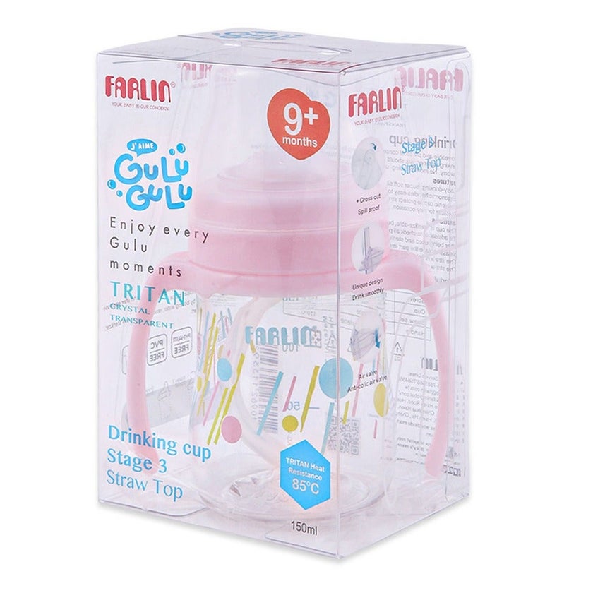 Farlin Stage 3 150ml Tritan Crystal Transparent Drinking Cup With Straw For 9+ Months Assorted