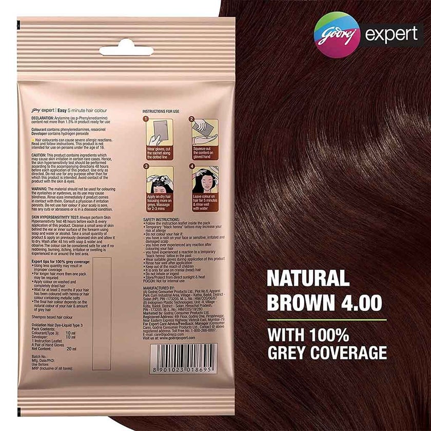 Godrej Expert Easy 5-Minute Hair Color Shampoo With No Ammonia, Natural Brown, Pack of 8 x 18ml