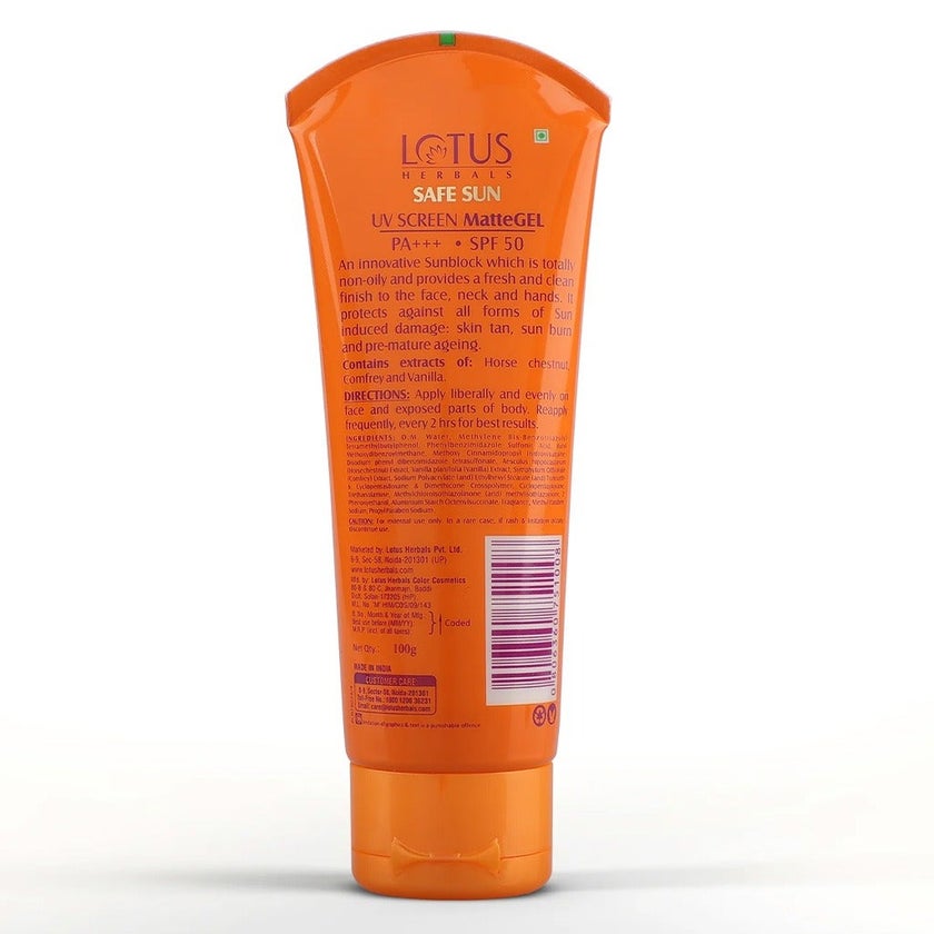 Lotus Herbals Safe Sun UV Screen Ultra Soothing Oil- Control Matte Gel SPF 50 PA+++ Face Sunscreen For Normal To Oily Skin 100g