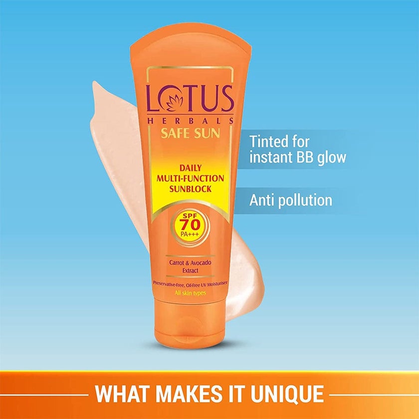 Lotus Herbals Safe Sun Daily Multi-function SPF 70 PA+++ Face Sun Block For All Skin Types 60g