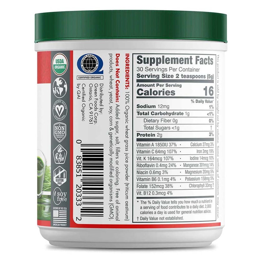 Green Foods Organic And Raw Wheatgrass Shots Freshly Squeezed Pure Juice Powder 150g