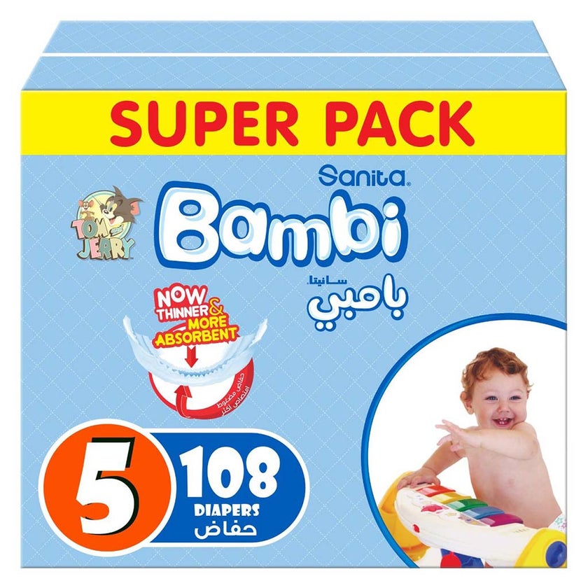 Sanita Bambi Tom And Jerry Baby Diapers, Size 5, X-Large For 12-22 Kg Baby, Super Pack of 108's