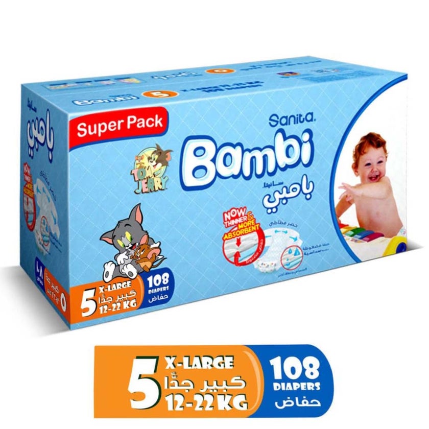Sanita Bambi Tom And Jerry Baby Diapers, Size 5, X-Large For 12-22 Kg Baby, Super Pack of 108's