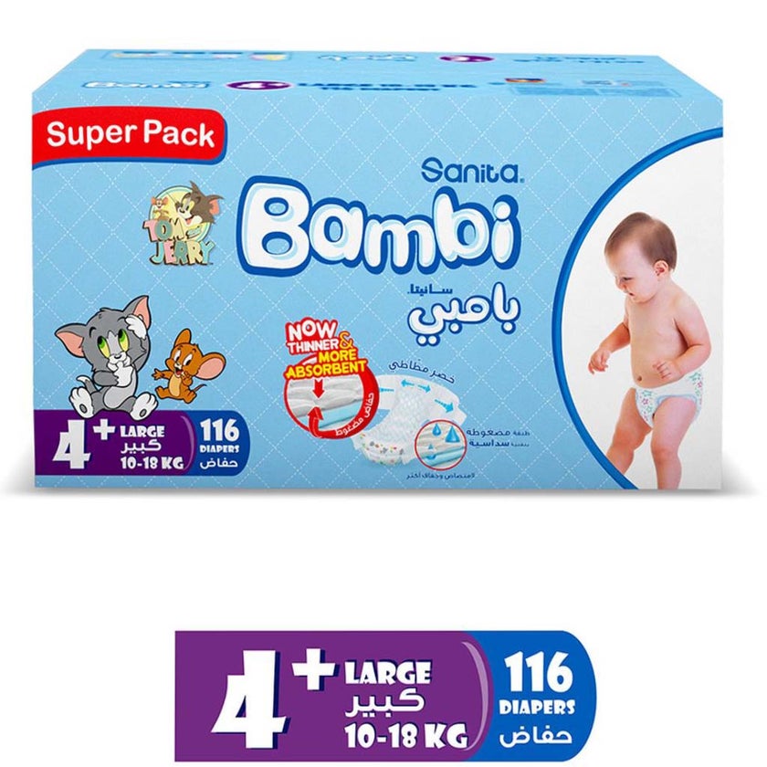 Sanita Bambi Tom And Jerry Baby Diapers, Size 4+, Large For 10-18 Kg Baby, Super Pack of 116's