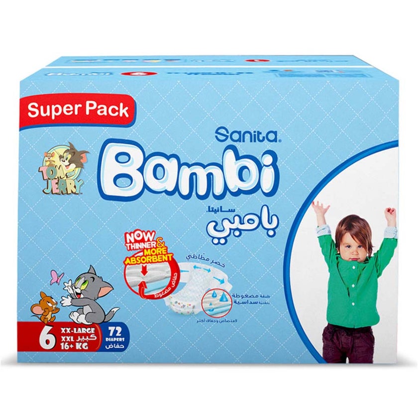 Sanita Bambi Tom And Jerry Baby Diapers, Size 6, XX-Large, For 16+ Kg Baby, Super Pack of 72's