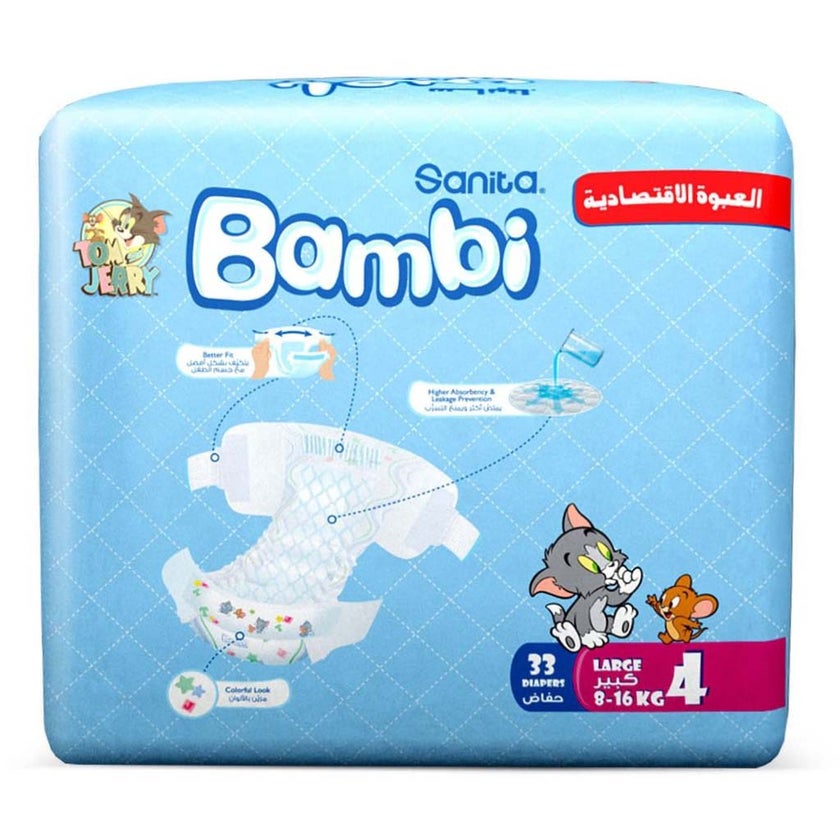 Sanita Bambi Tom And Jerry Baby Diapers, Size 4+, Large, For 8-16 Kg Baby, Value Pack of 33's