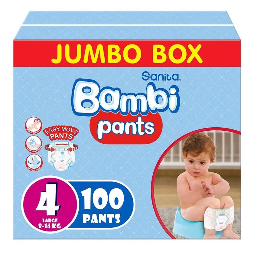Sanita Bambi Easy Move Baby Diaper Pants, Size 4, Large For 8-14 Kg Baby, Jumbo Pack of 100's