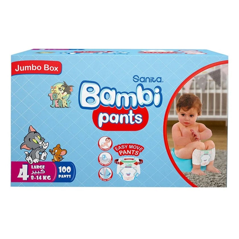 Sanita Bambi Easy Move Baby Diaper Pants, Size 4, Large For 8-14 Kg Baby, Jumbo Pack of 100's