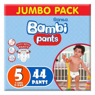 Sanita Bambi Easy Move Baby Diaper Pants, Size 5, X-Large For Baby 12-18 Kg Baby, Jumbo Pack of 44's
