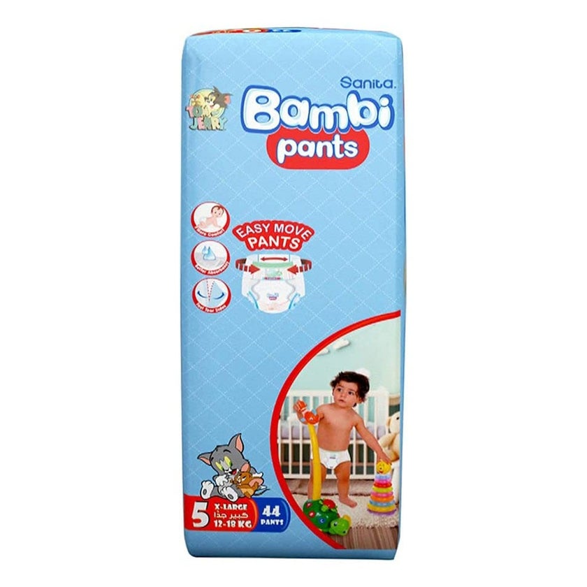 Sanita Bambi Easy Move Baby Diaper Pants, Size 5, X-Large For Baby 12-18 Kg Baby, Jumbo Pack of 44's