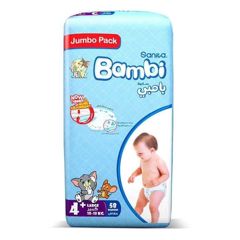 Sanita Bambi Tom And Jerry Baby Diapers, Size 4+, Large, For 10-18kg Baby, Jumbo Pack of 58's