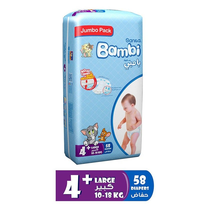 Sanita Bambi Tom And Jerry Baby Diapers, Size 4+, Large, For 10-18kg Baby, Jumbo Pack of 58's