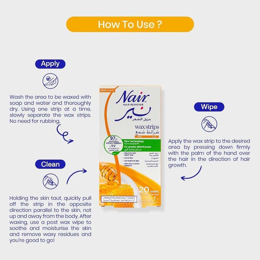 Nair Hair Remover Body Wax Strips With Milk & Honey Extract, Pack of 20's