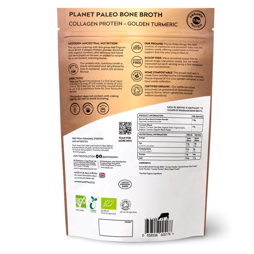 Planet Paleo Organic Bone Broth Collagen Protein Golden Turmeric With Black Pepper 225g, 25 servings