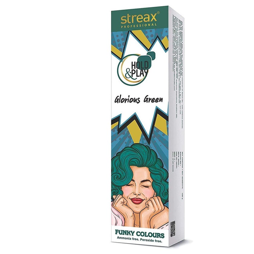 Streax Professional Hold & Play Ammonia & Peroxide - Free Funky Colors Semi-Permanent Hair Color Cream - Glorious Green 100g