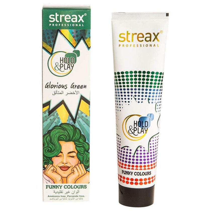 Streax Professional Hold & Play Ammonia & Peroxide - Free Funky Colors Semi-Permanent Hair Color Cream - Glorious Green 100g