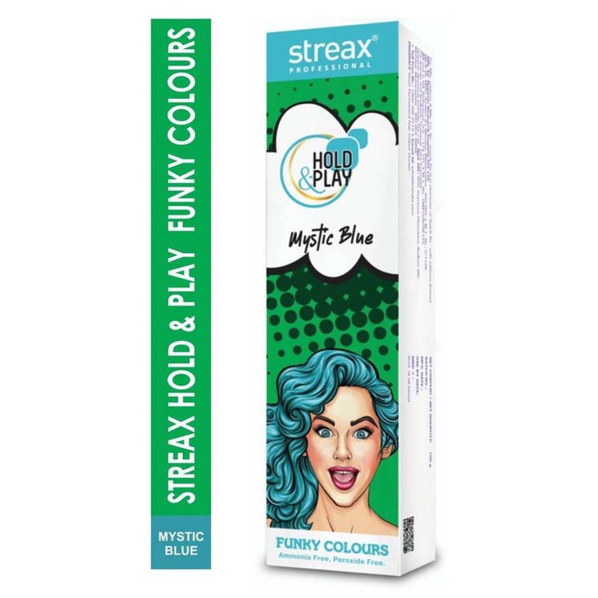 Streax Professional Hold & Play Ammonia & Peroxide - Free Funky Colors Semi-Permanent Hair Color Cream - Mystic Blue 100g