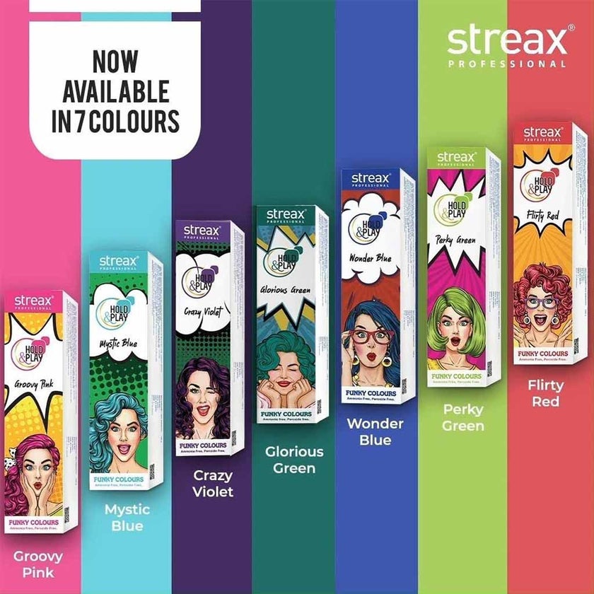 Streax Professional Hold & Play Ammonia & Peroxide - Free Funky Colors Semi-Permanent Hair Color Cream - Mystic Blue 100g