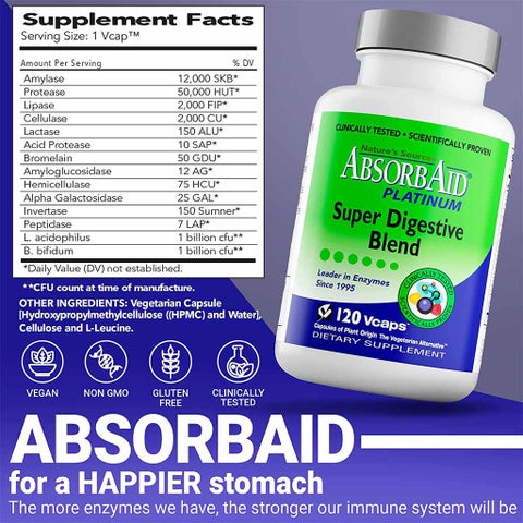 Nature's Sources AbsorbAid Platinum Super Digestive Enzyme & Probiotic Blend Vegetarian Capsules For Digestive Support, Pack of 120's