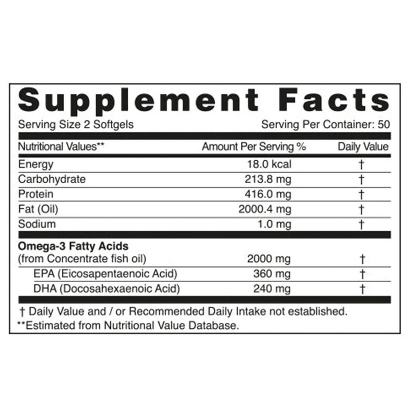 Natural Fervor Omega 3 Omega 3 2000mg Per Serving Fish Oil Supplement Softgels, Pack of 100's