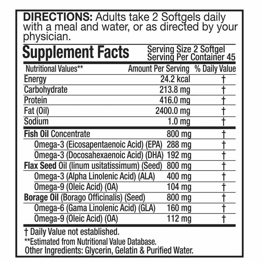 Natural Fervor Omega 3 6 9 Flaxseed Oil, Borage Seed Oil, Fish Oil Supplement Softgels, Pack of 90's