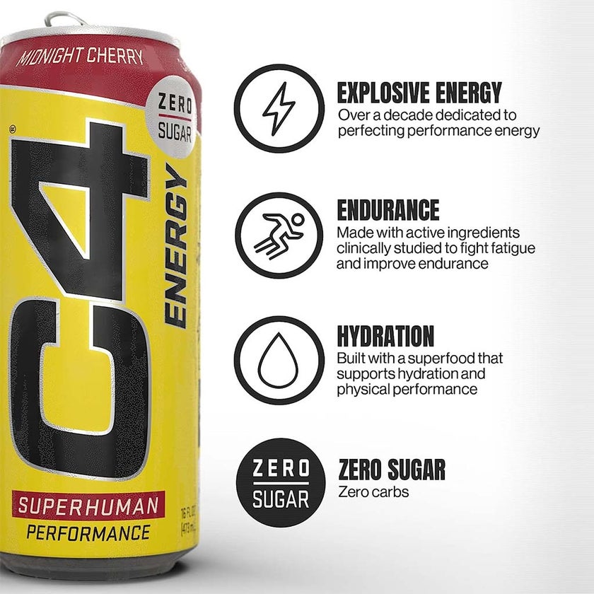 Cellucor C4 Carbonated Zero Sugar Energy Drink, Midnight Cherry 473ml