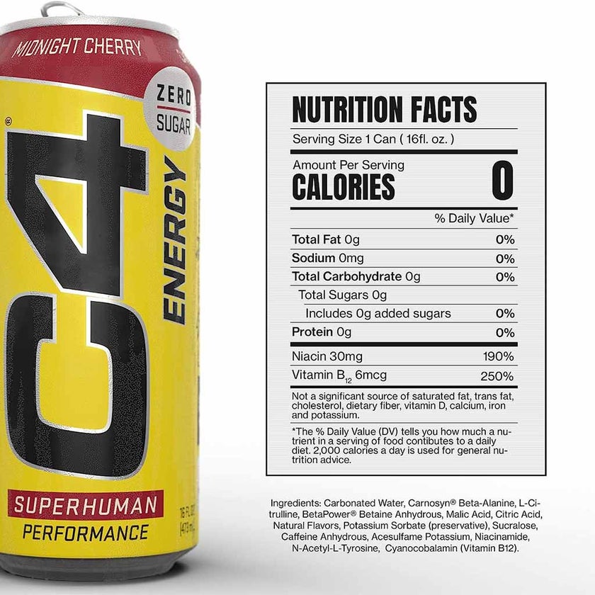 Cellucor C4 Carbonated Zero Sugar Energy Drink, Midnight Cherry 473ml