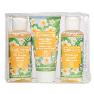 Evoluderm Travel Gift Box, Pack of Stimulating Monoi Shower Gel 100ml, Moisturizing Monoi Hand cream 50ml, Hydrating Monoi Shampoo 100ml
