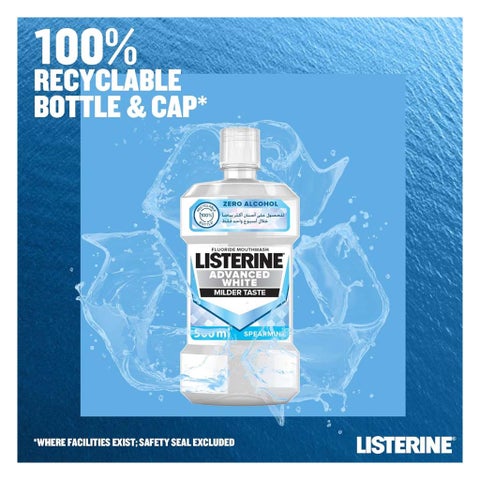 Listerine Advanced White Mouthwash With Zero Alcohol, Milder Taste, Spearmint Flavor, 500ml