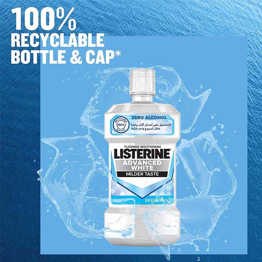 Listerine Advanced White Mouthwash With Zero Alcohol, Milder Taste, Spearmint Flavor, 500ml