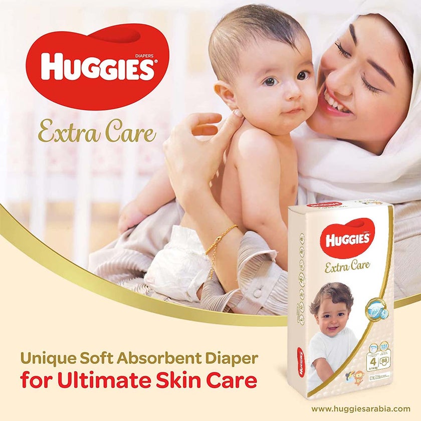 Huggies Extra Care Baby Diapers, Size 4, 8-14Kg, Pack of 68's
