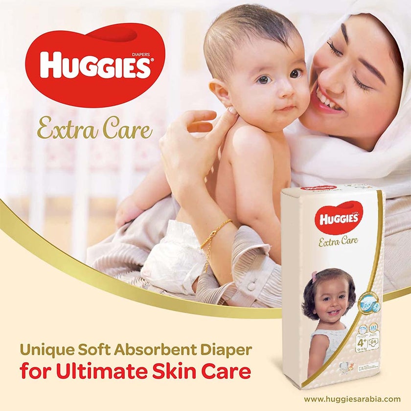 Huggies Extra Care Baby Diapers, Size 4+, 10-16Kg, Pack of 64's