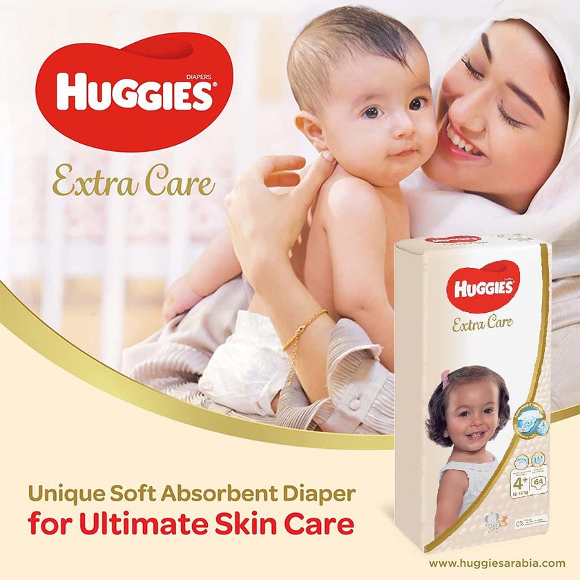 Huggies Extra Care Baby Diapers, Size 4+, For 10 -16 kg Baby, Pack of 64's