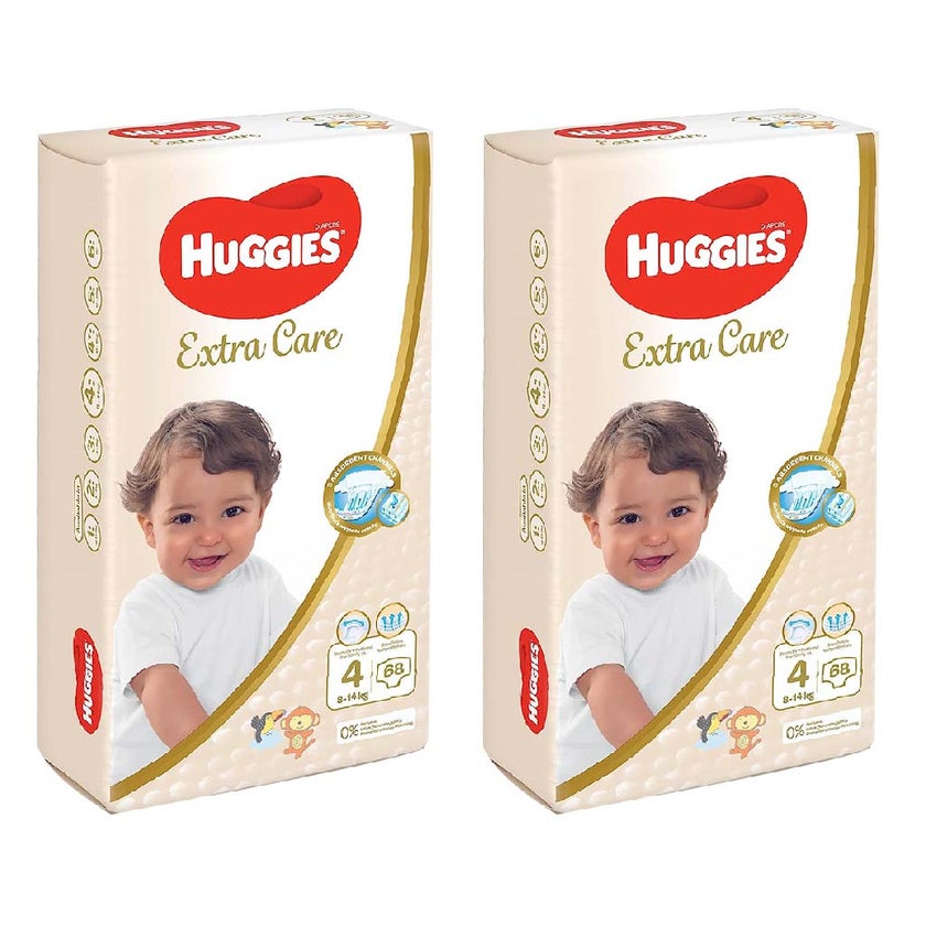 Huggies Extra Care Baby Diapers, Size 4, For 8-14Kg, Promo Jumbo Pack of 2 x 68's
