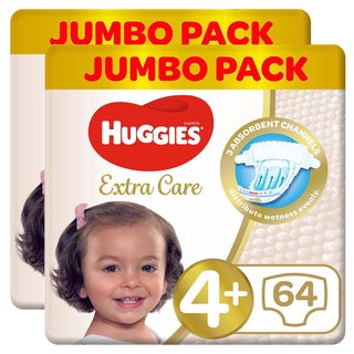 Huggies Extra Care Baby Diapers, Size 4+, For 10-16Kg, Promo Jumbo Pack of 2 x 64's