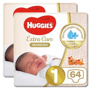 Huggies Extra Care Newborn Diapers, Size 1, 1-5Kg, Promo Jumbo Pack of 2 x 64's