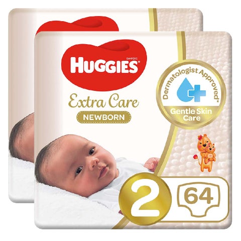 Huggies Extra Care Newborn Diapers, Size 2, 4-6Kg - 64 Diapers x 2