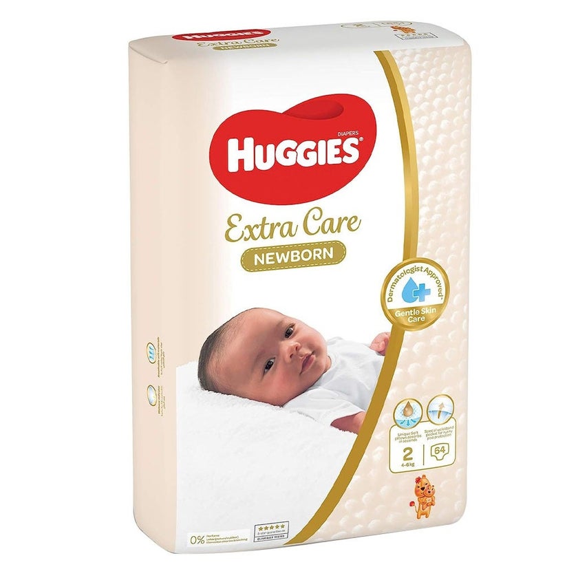 Huggies Extra Care Newborn Diapers, Size 2, 4-6Kg, Promo Jumbo Pack of 2 x 64's