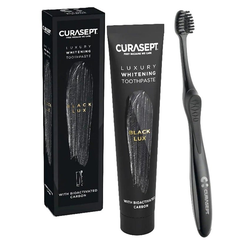 Curasept Black Luxury Whitening Toothpaste With Activated Carbon 75ml + Curasept Whitening Toothbrush, Pack of 2 pieces
