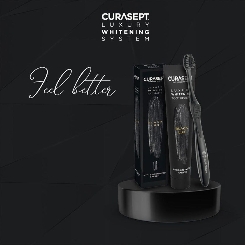 Curasept Black Luxury Whitening Toothpaste With Activated Carbon 75ml + Curasept Whitening Toothbrush, Pack of 2 pieces