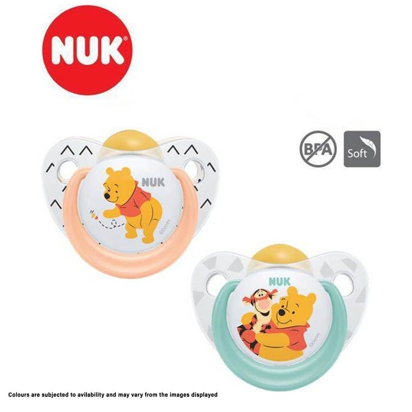 NUK Disney Winnie The Pooh Trendline Silicone Soother For 6-18 Months Baby, Pack of 2's, Assorted colures
