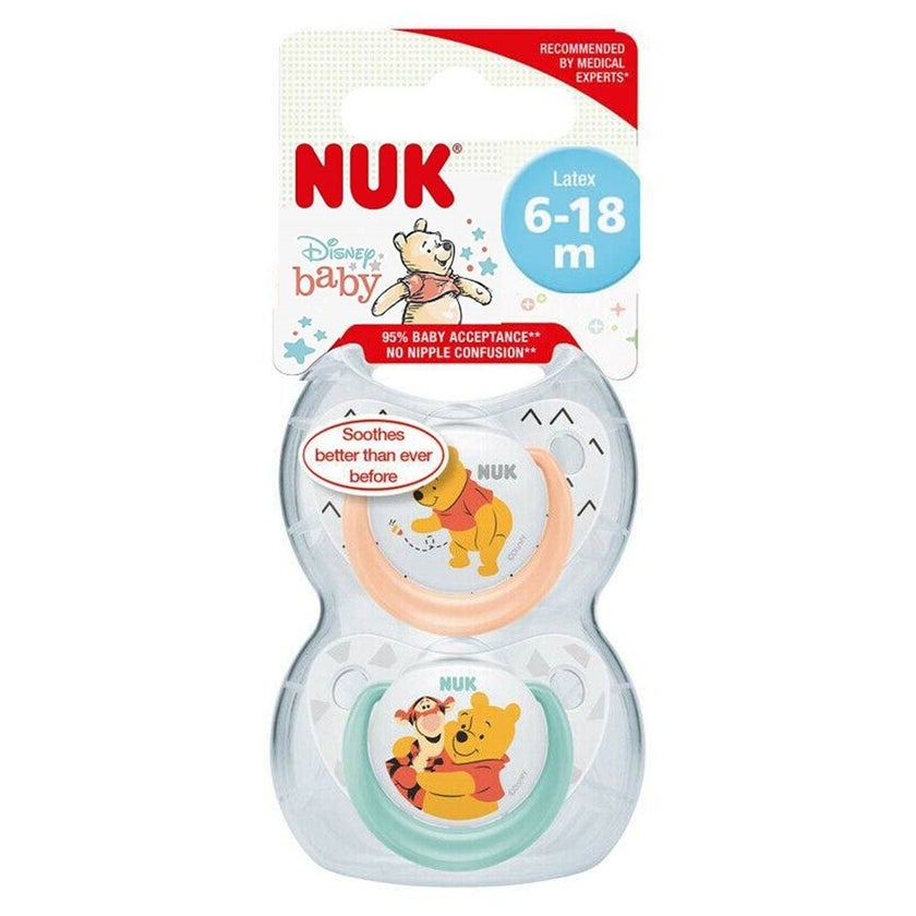 NUK Disney Winnie The Pooh Trendline Silicone Soother For 6-18 Months Baby, Pack of 2's, Assorted colures