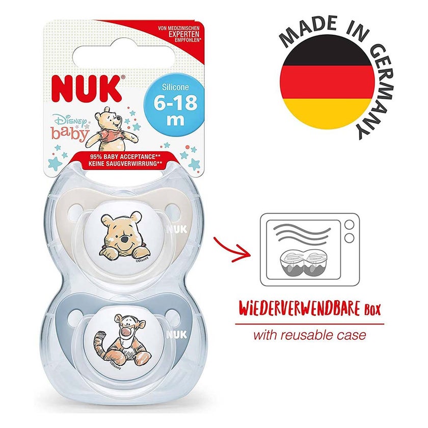 NUK Disney Winnie The Pooh Trendline Silicone Soother For 6-18 Months Baby, Pack of 2's, Assorted colures