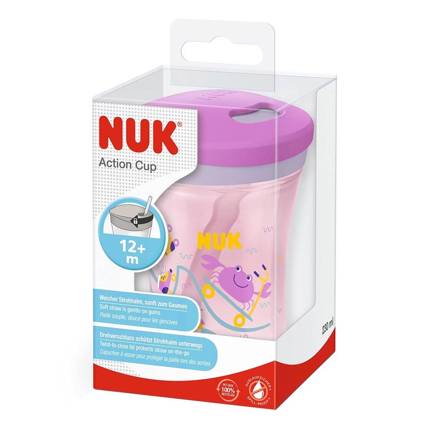 Nuk 230ml Action Cup With Soft Drinking Straw For 12 Months+ Toddler, Assorted Pack of