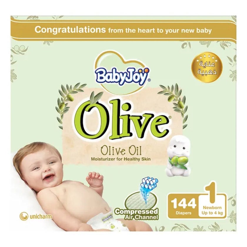 BabyJoy Olive Baby Diapers, Size 1 For Newborn Up to 4Kg, Pack of 144's